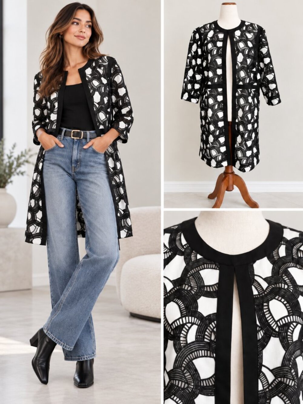 Ming Wang Black White Openwork Long Jacket Size L